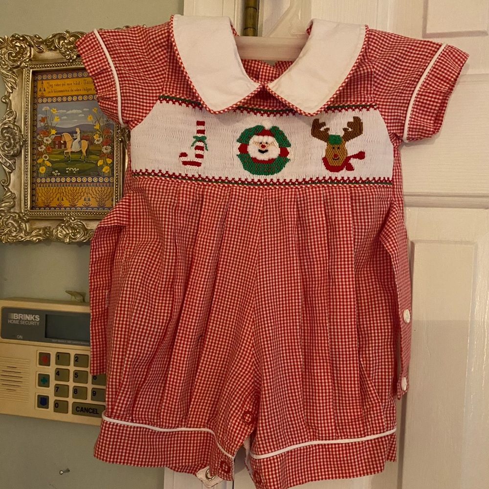 Mom & Me Smocked Christmas Red Gingham Baby Romper 6 Months Reindeer Santa